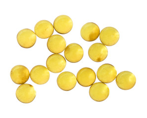 top view of capsules with oil isolated on white