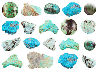 collection of various Turquoise gemstone isolated