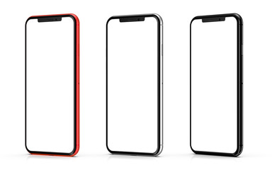 Red, silver and black smartphones with blank screen, isolated on black background. Template, mockup.