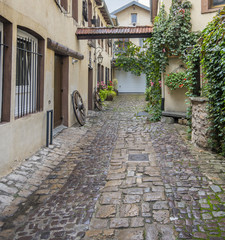 Decorative alley with stone paving, plants and wagon wheels in European city