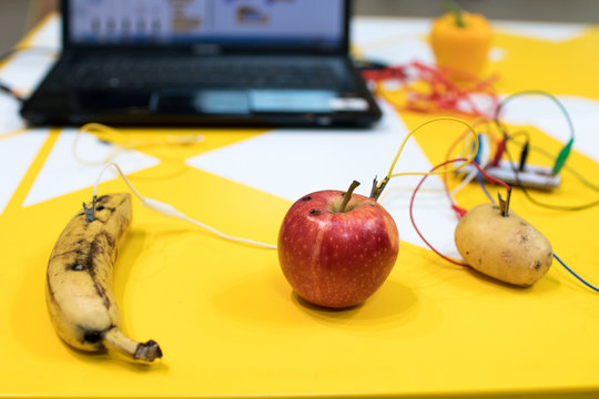 Fruit piano with kids. STEM education activity allow kids to play music with fruit and vegetables. Microcontroller converts keys in sound with some fruits. Yellow background and vegetables wired