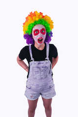 girl in a bright image of a clown. emotional portrait of a student. costumed presentation of...