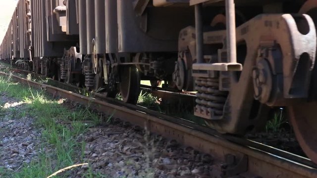 Close-up on freight train wheels for export, Brazil.