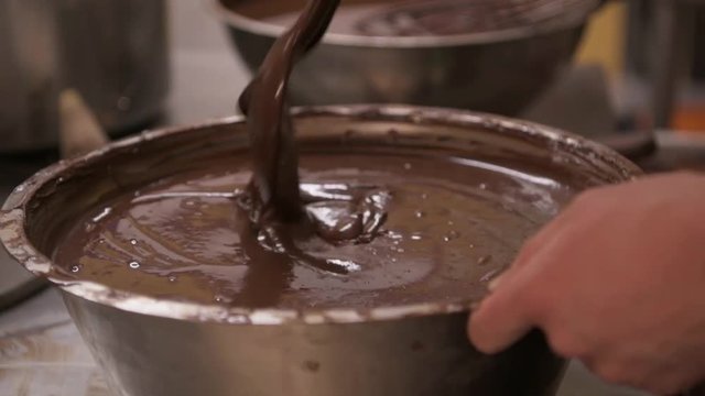 Mixing chocolate in bowl, slow motion