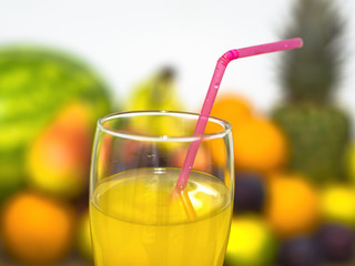 freshly squeezed orange juice and a variety of fruits on the back plate