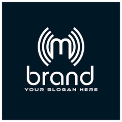 Letter M with signal on blue background.  Flat design. 