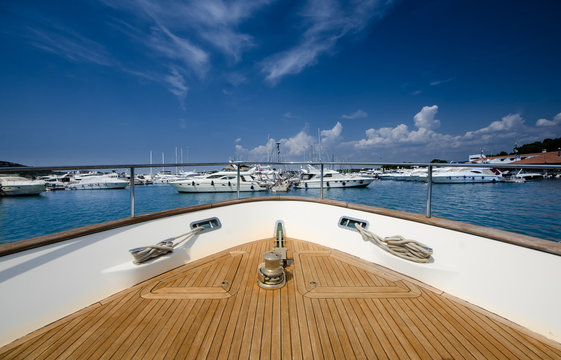 Wide angle shot of front of the yacht in martina on clear summer day