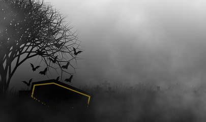 Bats flying from a coffin at the scary cemetery in Halloween night.