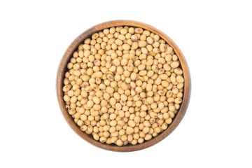 Soybeans in a wooden bowl isolated on white background.