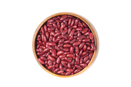 Top view of red beans in wooden bowl isolated on white background.