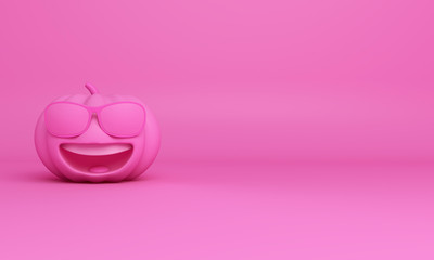 Cute smiling cartoon of pink pastel pumpkin head jack with sunglasses , copy space text. Design creative concept for  happy Halloween day festival, 3D rendering illustration.