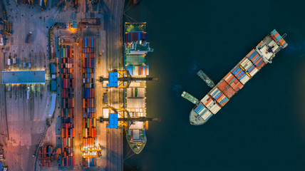 Aerial view container ship from sea port working for delivery containers shipment. Suitable use for transport or import export to global logistics concept.