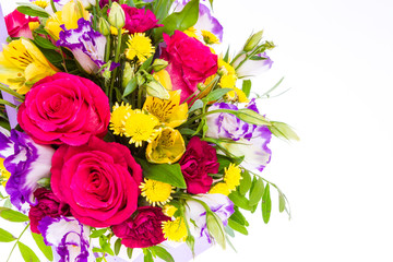 Bright buketny composition from fresh flowers, the white isolated background