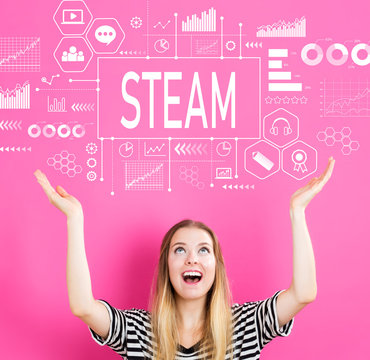 STEAM with young woman reaching and looking upwards