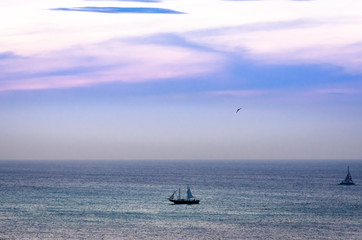 Fototapeta premium Twilight at sea with shipping boat silhouette
