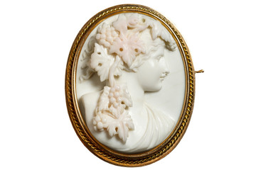 Gold vintage brooch with a woman's face in profile - obrazy, fototapety, plakaty