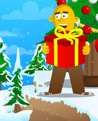 Yellow man holding big gift box. Vector cartoon illustration.