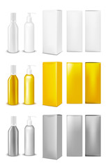 Plastic or metal white bottle with cap and with pump dispenser.. Vertical paper box