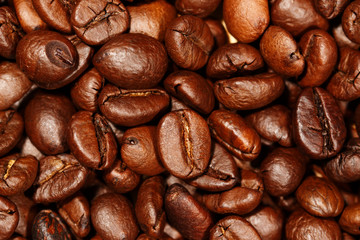 Close up of coffee beans texture background, selective focus