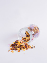 Glass jars with various grains, oats, linseed, dry seasoning