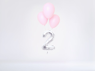 Two Year birthday. Number 2 flying foil balloon in pastel colors. Two-year anniversary background. 3D rendering