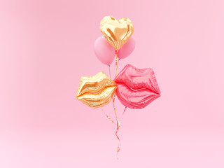 Love emotion concept. Foil balloon couple lips and golden Heart on pink background. 3d rendering.