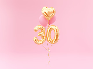 30 years old. Gold balloons number 30th anniversary, happy birthday congratulations. 3d rendering. - obrazy, fototapety, plakaty