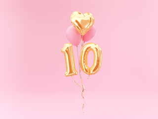 10 years old. Gold balloons number 10th anniversary, happy birthday congratulations. 3d rendering. - obrazy, fototapety, plakaty