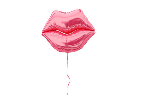 Flying foil balloon lips isolated on white. Woman day concept. 3d rendering.