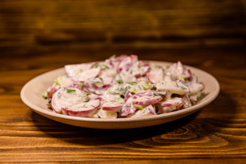 Vegetarian salad with radish, green onion and sour cream on a ceramic plate