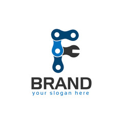 Letter F, Logo Letter F with chain and wrench. logo formed by chain and wrench
