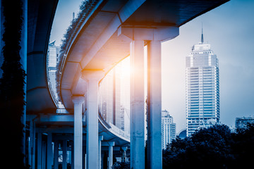 city elevated road closeup, under the interchange overpass, shanghai, China