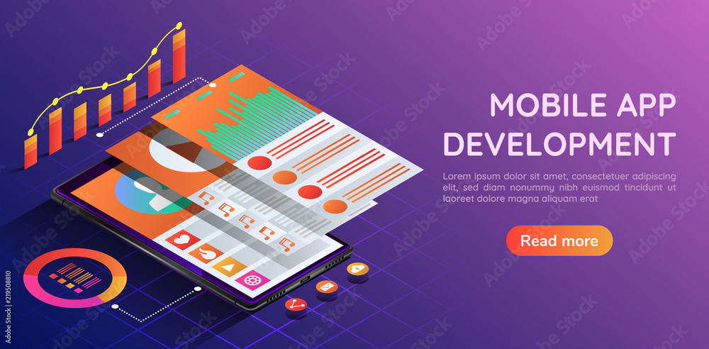 Poster isometric smartphone with mobile application user interface layer