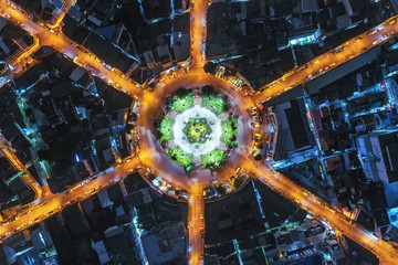 Aerial view of a roundabout in downtown Bangkok, Thailand.