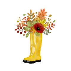 Yellow Rubber Boot with Poppy and Autumn Leaf Arrangement. Watercolor Whimsical Illustration for Autumn Decoration and Design.