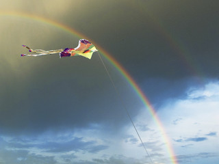 Bright kite in the form of a bird in the sky with a rainbow and dark clouds  in summer.