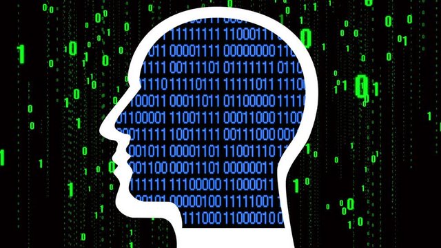4k Brain head connect  the matrix style binary code,people man thinking expanding AI artificial intelligence science,future tech animation creative background.