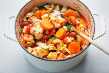 One pot vegetable - cauliflower, courgette, tomatoes, carrots, fennel soup 