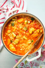 One pot vegetable - cauliflower, courgette, tomatoes, carrots, fennel soup 