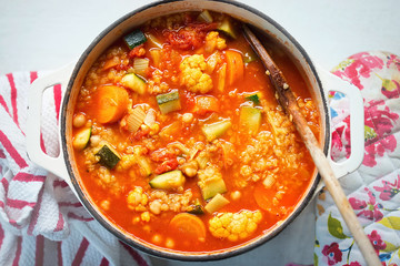 One pot vegetable - cauliflower, courgette, tomatoes, carrots, fennel soup 