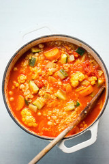 One pot vegetable - cauliflower, courgette, tomatoes, carrots, fennel soup 
