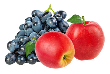 Fresh grapes and apples isolated on white background with clipping pass