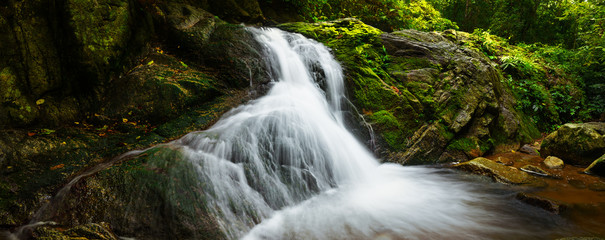 The waterfall in the forrest with sunlight