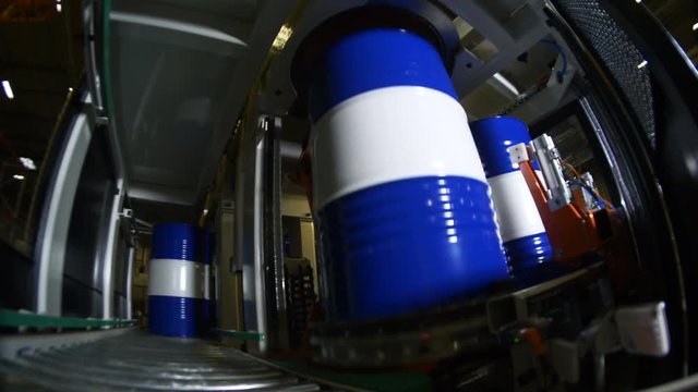 bottom view blue and white barrels at final production stage