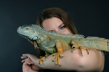 beautiful girl and big green iguana in the studio
