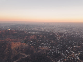 Aerial Drone Shot of Los Angeles Hollywood Sign Hills Sunset