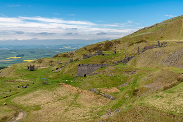 View over the Shropshire landscape from Titterstone Clee near Cleeton, Shropshire, England, UK - with ruins of old Quarry buildings