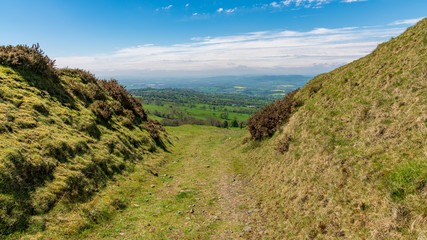 Fototapeta premium View over the Shropshire landscape from Titterstone Clee near Cleeton, England, UK