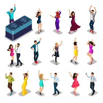 Isometrics people dance, happiness is fun, a set of men and women for a party, a DJ with a remote control. Excellent set for high-quality illustration