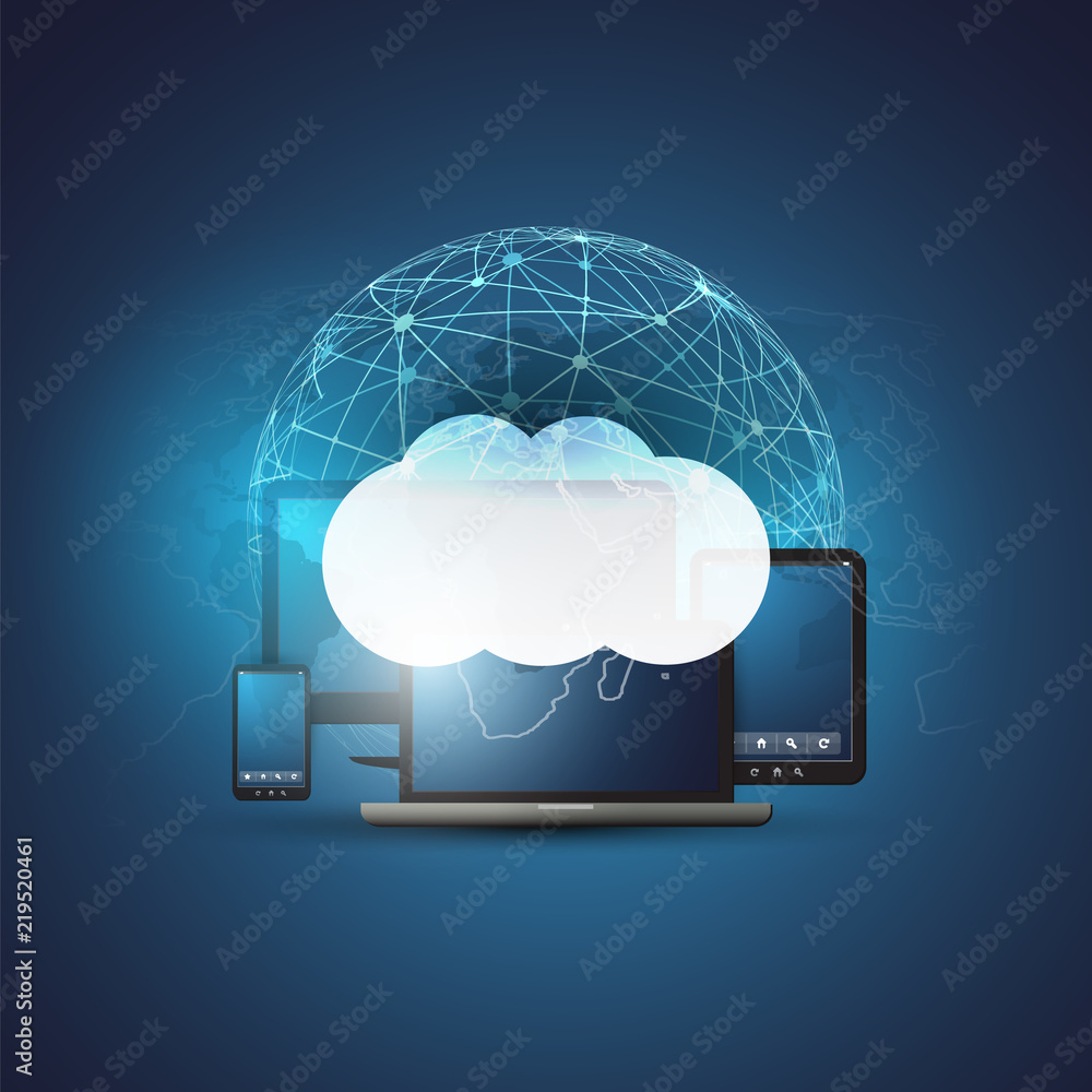Poster cloud computing design concept with electronic devices - digital network connections, technology bac